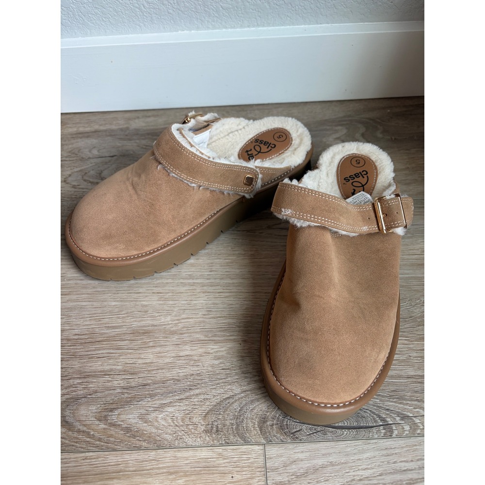 Art Class Tan Faux Suede Platform Clogs Faux Fur Lined Buckle Mules Size 5